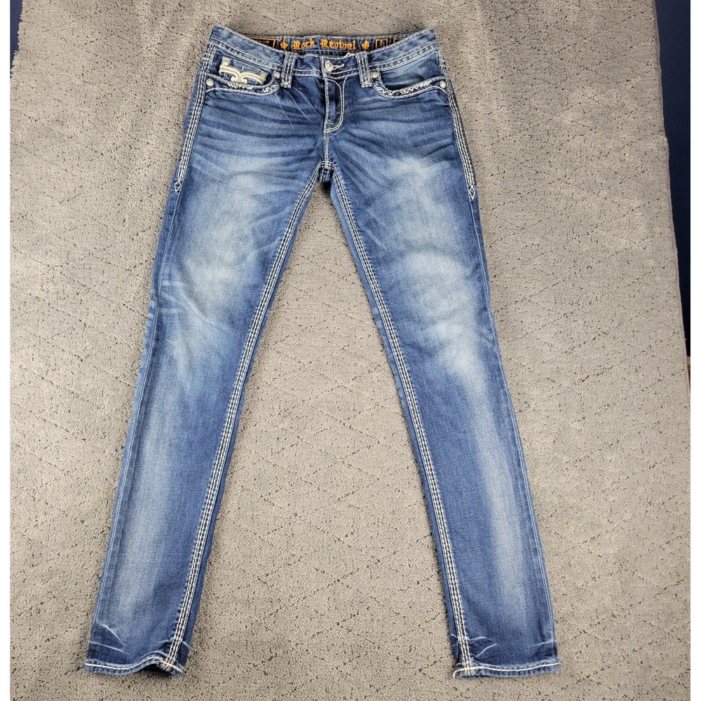 Rock Revival Jeans Womens 31 Blue Felicia Skinny Whisker Honeycomb Stretch Denim